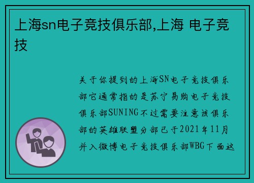 上海sn电子竞技俱乐部,上海 电子竞技