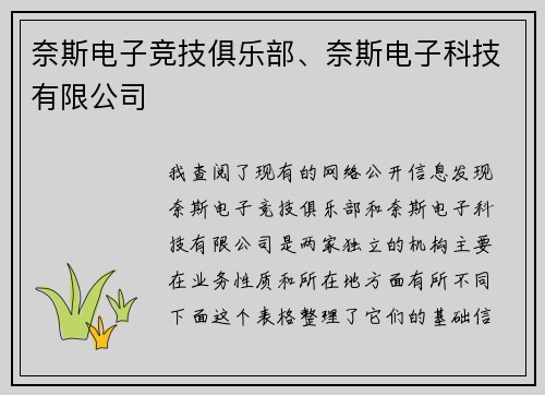 奈斯电子竞技俱乐部、奈斯电子科技有限公司